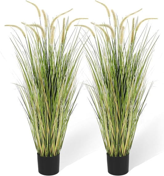 KOL 4ft Artificial Horsetail Grasses (2-Pack) - 47.2in Tall Realistic Faux Plants for Indoor Outdoor, Potted Fake Grass Decor for Home Office Wedding, Low Maintenance Houseplant Gift