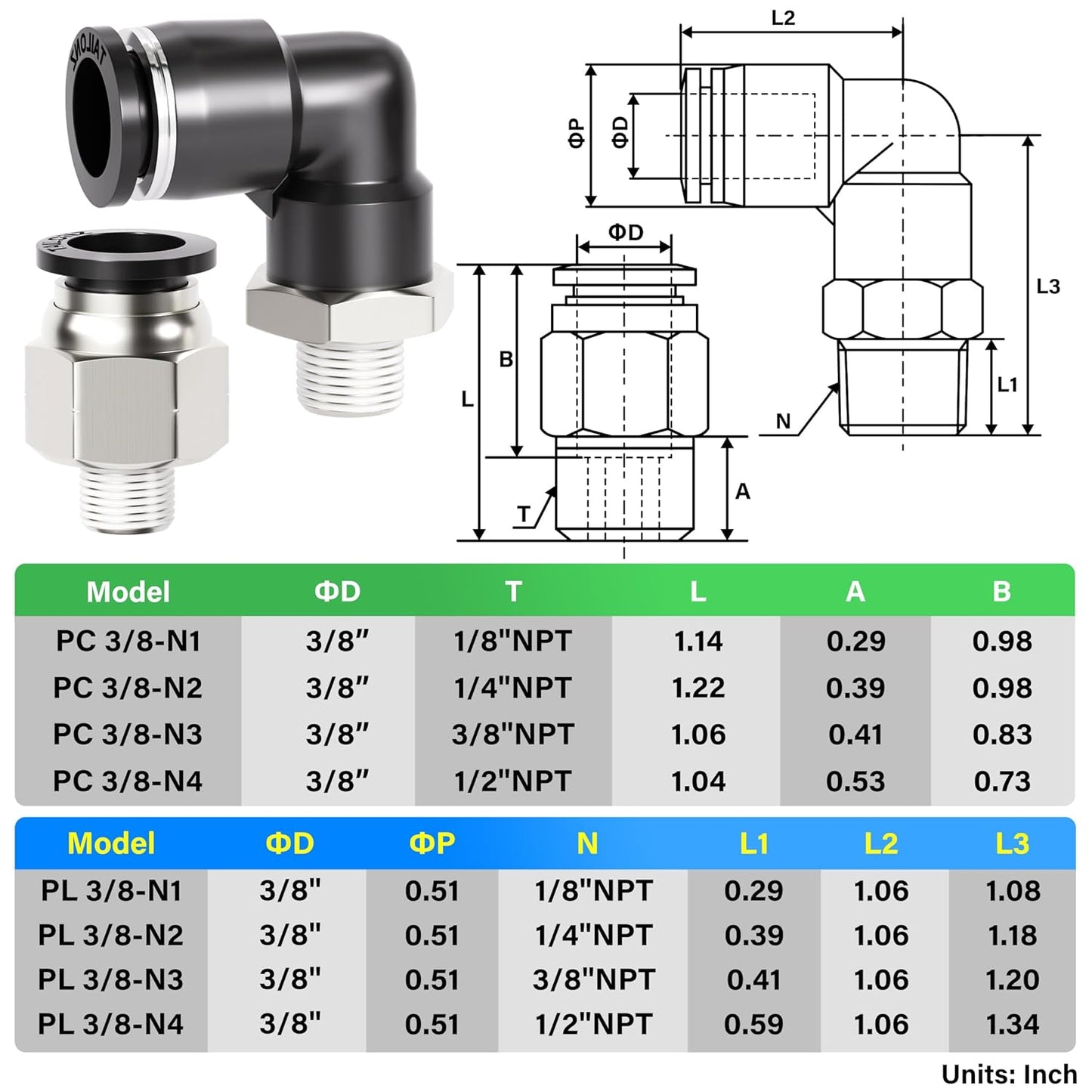 TAILONZ PNEUMATIC Elbow and Straight Combination 3/8 Inch Tube OD x 1/8 Inch NPT Thread Push to Connect Fittings PC-3/8-N1+PL-3/8-N1(Pack of 12)