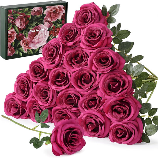 20PCS Artificial Roses Flowers, 3.9'' Silk Flower Head Fake Fuchsia Rose with Long Stems, Realistic Faux Roses Bouquet for DIY Wedding Home Party Office Decoration
