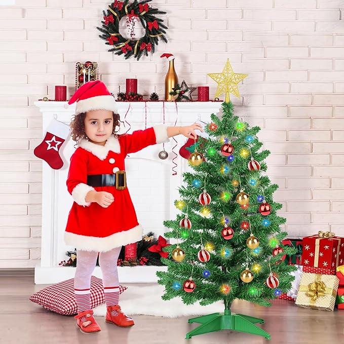 3FT PVC Green Christmas Tree Tinsel with 50 Warm White & Multi Color Fariy Light 3D Star 15 Ball Ornament, 12 Light Modes Timer Battery Operated Small Artificial Full Xmas Tree Indoor Holiday Decor