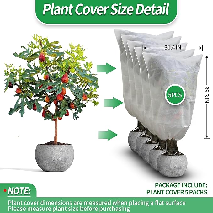 Avalution Plant Covers Freeze Protection, 5 Packs Frost Cloths for Outdoor Plants, 32" X40" Reusable Frost Blankets, 2.2oz Tree Cover Freeze Protection Drawstring Bags for Potted Shrub