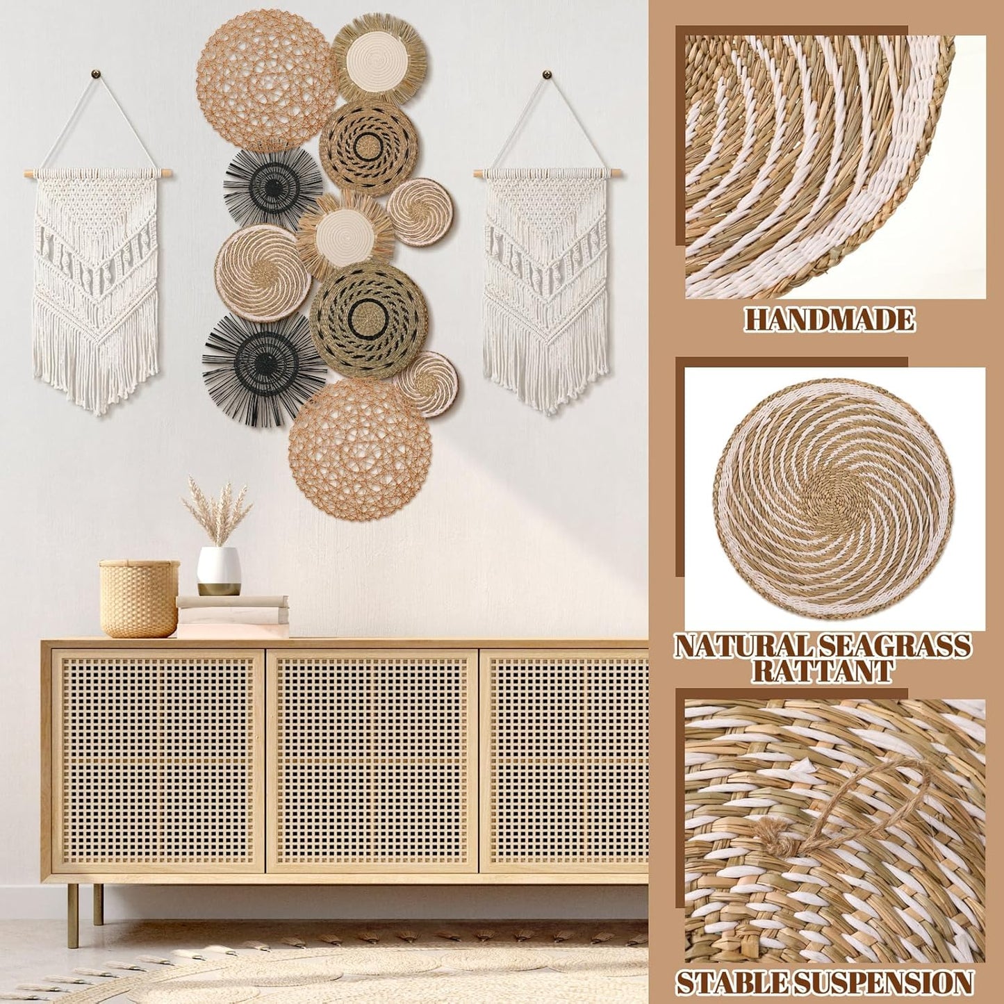 Tatuo 11 Pcs Boho Wall Basket Decor Decorative Bulrush Woven Basket Wall Decor Art Round Farmhouse Hanging Baskets for Kitchen Rustic Home Summer Decorations, Multi Sizes(Flower)