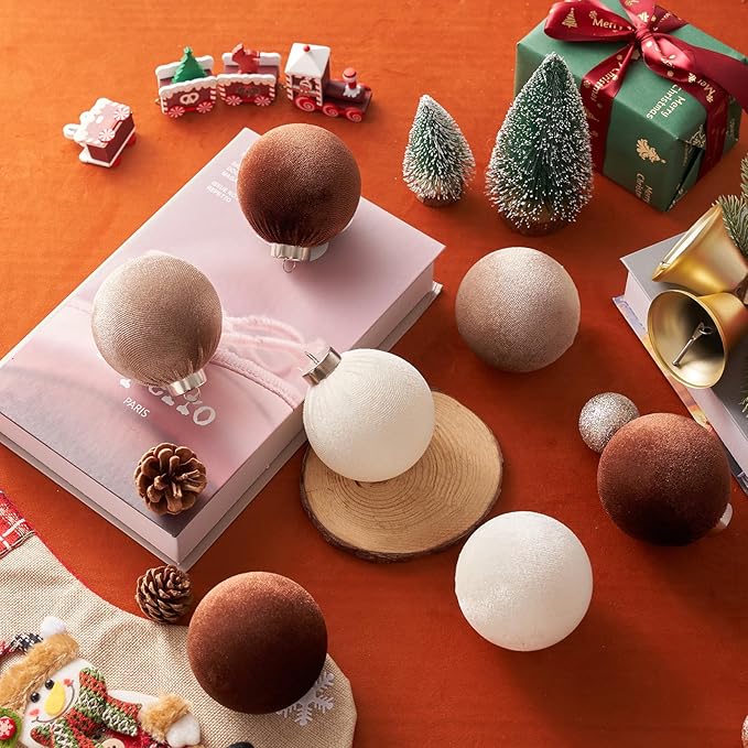 Christmas Ball Ornaments, 15 Pcs White & Coffee Ornaments with Velvet, Multicolor Xmas Decorations for Christmas Tree Holiday Decor