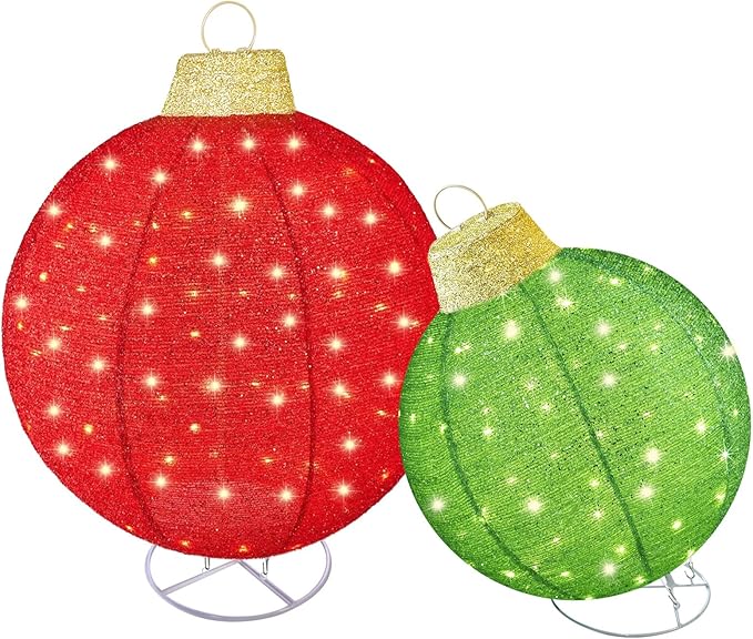 HOYECHI 2pc Lighted Pop-Up Outdoor Christmas Ornament Set – Holiday Ball Decorations with 200 LED Lights, 8 Lighting Modes, for Yard & Outdoor Christmas Decor - Red/Green