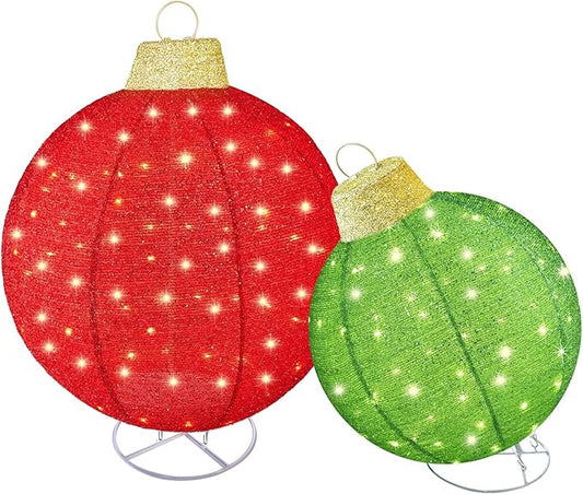 HOYECHI 2pc Lighted Pop-Up Outdoor Christmas Ornament Set – Holiday Ball Decorations with 200 LED Lights, 8 Lighting Modes, for Yard & Outdoor Christmas Decor - Red/Green