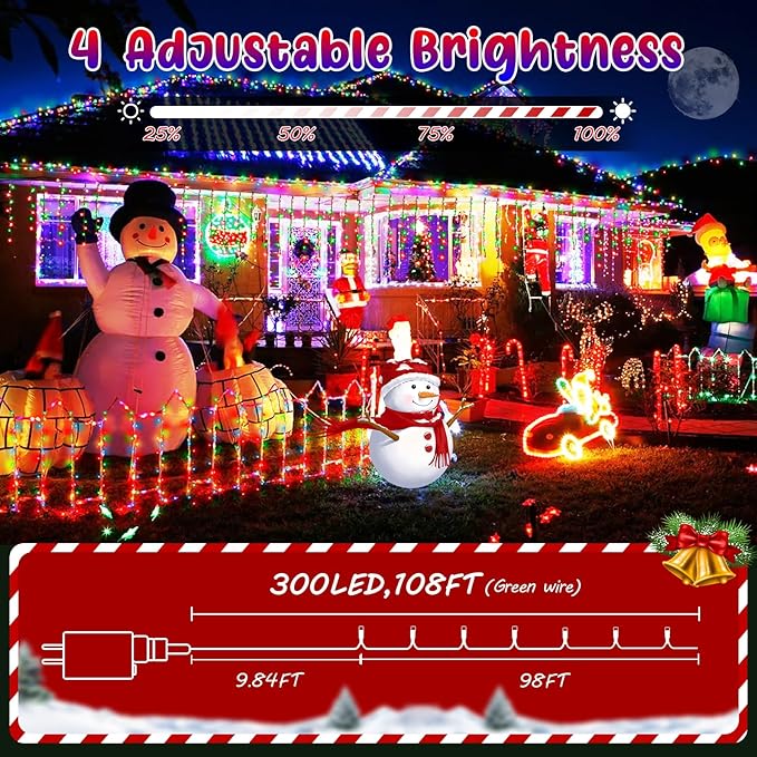 Hezbjiti 108 FT 300 LED Color Changing Christmas Lights Outdoor, 11 Modes String Lights IP44 Waterproof Fairy Lights for Party Tree Yard Porch Wedding (Warm White to Multicolor, Green Wire)