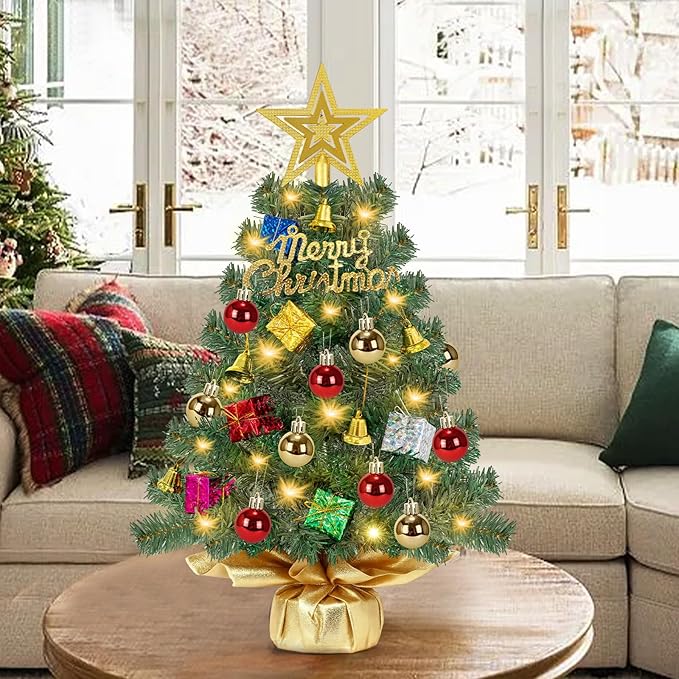 24 Inch Realistic Tabletop Christmas Tree Small Christmas Tree with 50 Warm Lights Star Treetop and Ornaments Battery Operated Indoor Home Table Christmas Decorations