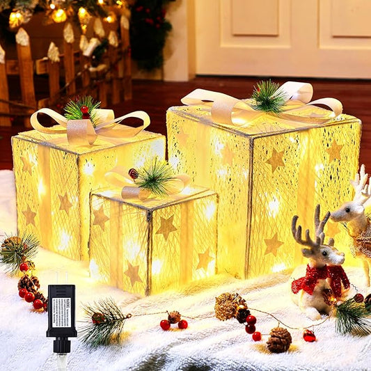 Set of 3 Lighted Gift Boxes Christmas Decorations, Foldable Star Present Boxes with 50 Pre-Strung Mini String Lights，LED Xmas Gift Boxes with Bows for Indoor Outdoor Holiday Party Yard Home Decor