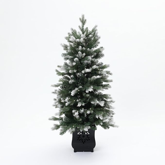 LuxenHome 4FT Potted Christmas Tree, Prelit Small Christmas Trees with 100 Warm White LED Lights, Slim Faux Tree Pre-lit with Black Square Base, Artificial Pine Trees for Indoor, Outdoor Holiday Decor
