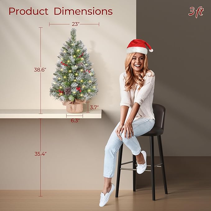 Yaheetech Set of 2 Pre-Lit Artificial Mini Christmas Tree, 3ft Frosted Tabletop Small Christmas Tree with LED Lights, Red Berries & Natural Pinecones for Holiday Decoration