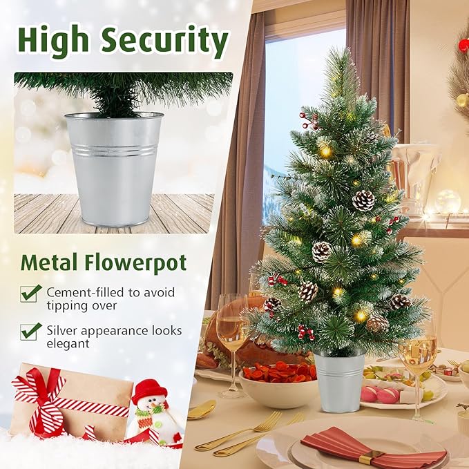 HAPPYGRILL 3 FT Artificial Entrance Christmas Tree, Small Tabletop Xmas Tree w/81 Branch Tips, Eucalyptus Leaves, Pine Needles, Pine Cones, Red Berries, 20 LED Lights, Timer, 8 Lighting Modes