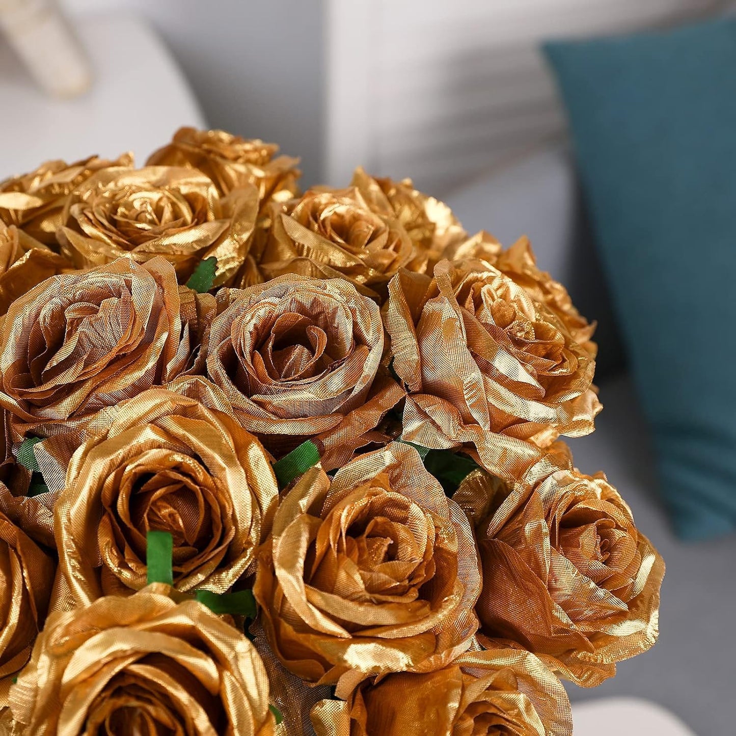 Gold Fake Roses Artificial Flowers - 16 Pcs Fake Artificial Roses Silk Flowers with Stems for Home Wedding Hotel Office Centerpiece Decor