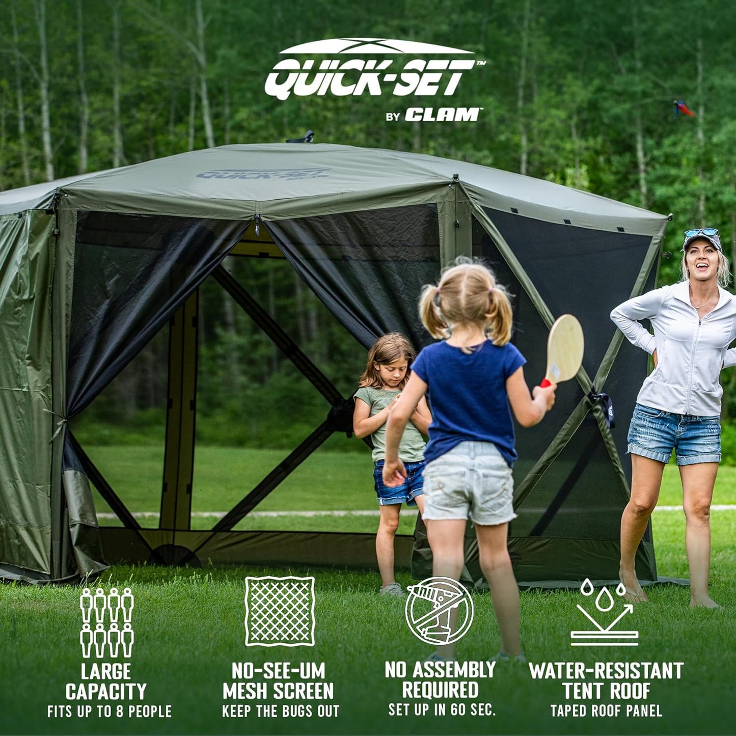 CLAM Pop Up Screen Tent, Outdoor Camping Gazebo Canopy, Escape, 11.5', Green - Heavy-Duty Portable Screened Shelter with Netting for Beach, Patio, and Backyard