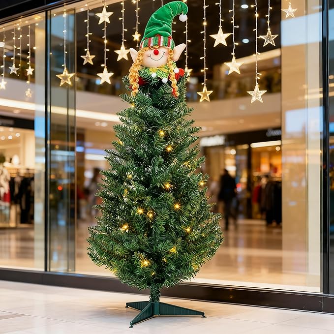 3FT Green Christmas Tree with Santa Claus Decoration, Pre-Lit Artificial Mini Christmas Tree with 30 Warm White Lights, Skinny Xmas Tree Include 129 Branches, Metal Stand, for Indoor Outdoor Decor