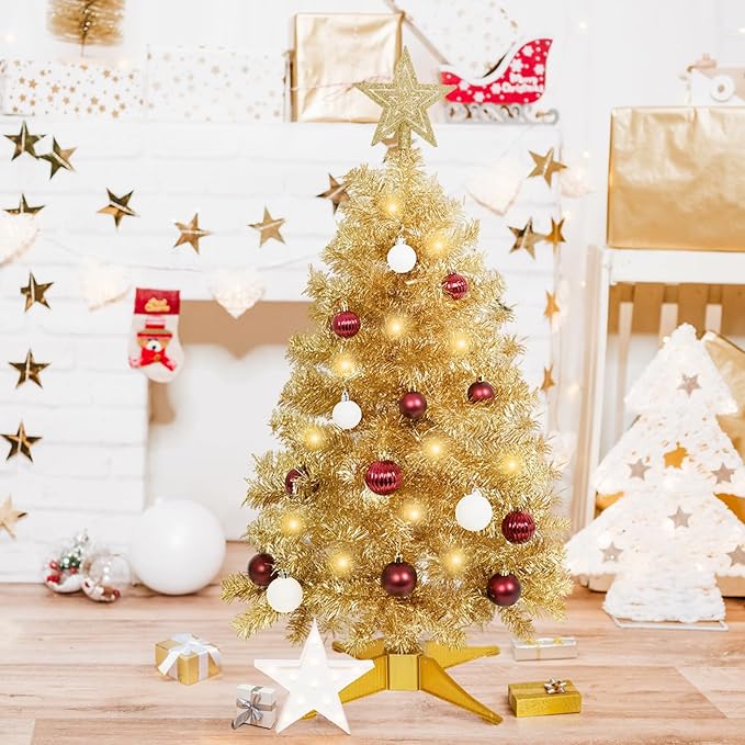 Sunshine Champagne Christmas Tree with Light 3ft Artifical Full Christmas Tree with Ball & Star Ornaments 8 Lighting Modes for Holiday Decor