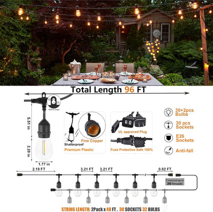 Achin Outdoor String Lights 96FT(48FT*2) Waterproof IP65 LED Patio Lights with 30+2 S14 Edison Bulbs Warm 2200K Hanging Lights Outside Shatterproof String Lights for Outside Bistro, Market, Yard