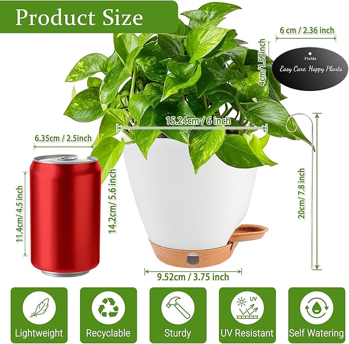 6 Inch Self Watering Pots for Indoor Plants (5-Pack) – Small Plastic Planters with Water Window, Drainage Holes & Trays, Indoor Outdoor Flower Pots for Herbs, Succulents, Home Garden Decor (White)