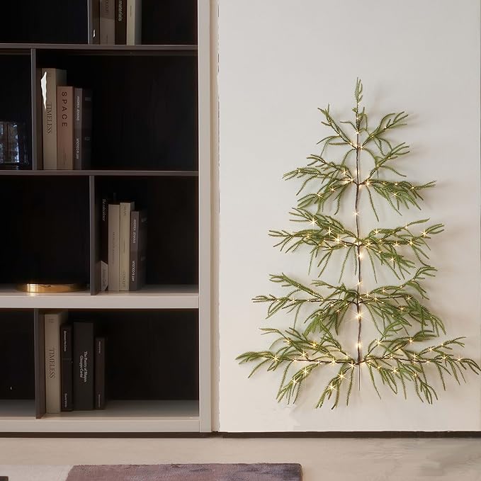 Hairui Lighted Norfolk Pine Wall Tree with Timer 4FT 140 Warm White LED Fairy Lights, Vine Garland with Lights for Home Fireplace Room Window Christmas Decoration Indoor Outdoor