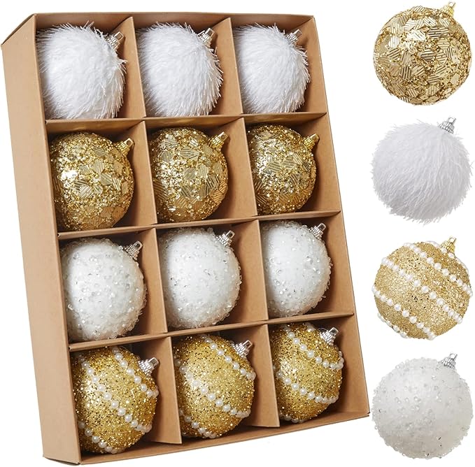 Gold Christmas Ball Ornaments, Christmas Ball Decorations Shatterproof Plastic Hanging Pearl Balls for Holiday Party(70mm/2.76", 12ct)