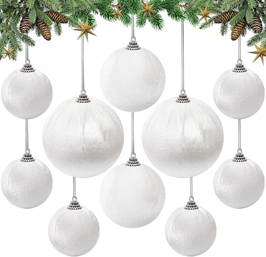 Woration 10pcs Christmas Balls Ornaments Set Velvet Wrapped Plastic Ball Hanging Decoration 3 Size for Xmas Tree Festival Home Wedding Holiday Party Decor - White