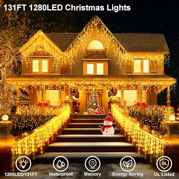 131 FT 1280 LED Christmas Lights Outdoor Decorations Super Long Clear Wire String Lights Plug in 240 Drops 8 Modes Memory Timer Curtain Fairy Lights Waterproof for Holiday Wedding Party-Warm White