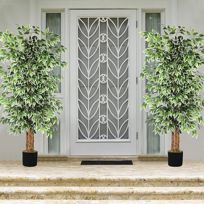 GTIDEA 2 Pcs 6ft Ficus Artificial Trees, Tall Faux Trees Indoor with Natural Trunk and Fake Silk Tree Fake Plants for Home Spring Decor Living Room Outdoor Balcony House Office (Included Dried Moss)