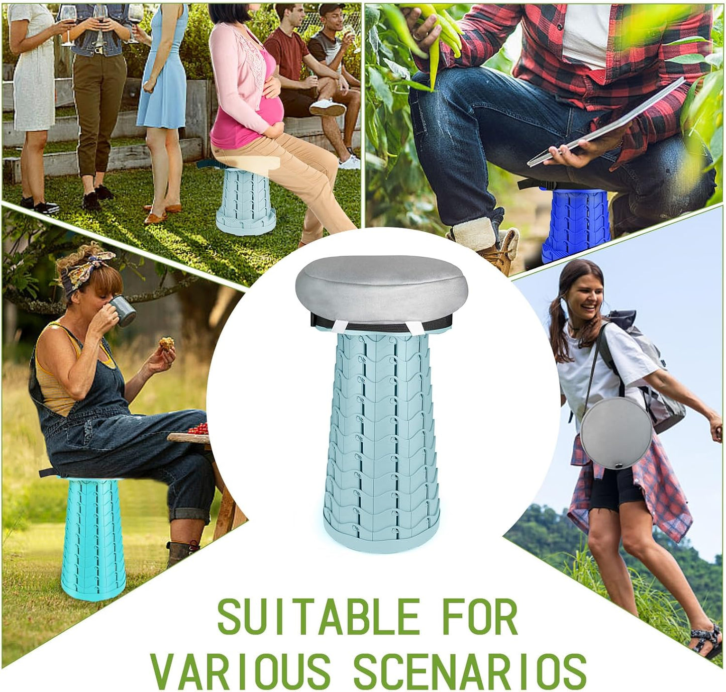 Deer's Life Portable Collapsible Stool with Cushion Pad, Retractable Folding Telescopic Camping Seat for Adults, Small Lightweight Sturdy Adjustable Stools for Travel,Kitchen,Garden,Fishing