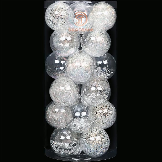 Sea Team Shatterproof Clear Plastic Christmas Ball Ornaments Decorative Xmas Balls Baubles Set with Stuffed Delicate Decorations (70mm/2.76 inch 24-Pack, Iridescent)