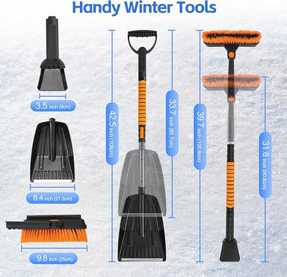 5-in-1 Ice Scrapers Snow Shovel Snow Brush Kit, 41" Ice Scrapers for Car Windshield with 180° Pivoting Brush Head & Squeegee, Extendable Aluminum Foam Grip for Cars, SUVs, Trucks - Orange