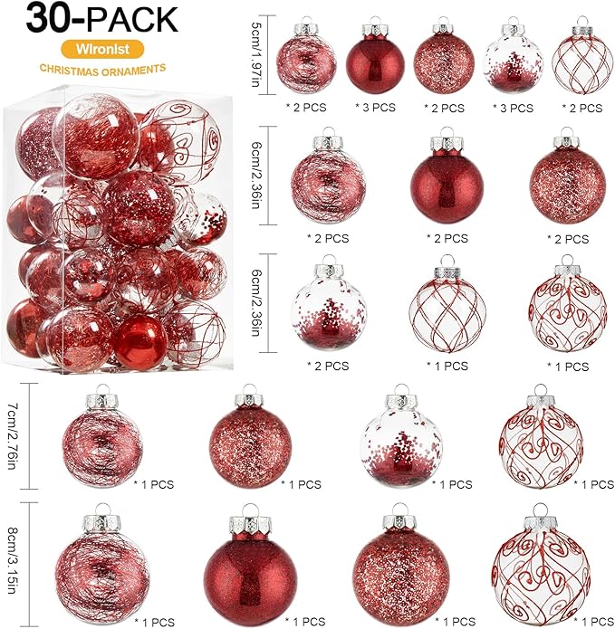 Wironlst Christmas Ball Ornaments Shatterproof Clear Large Plastic Hanging Ball Decorative Baubles Set with Stuffed Delicate Decorations (Multi-Size, Red)