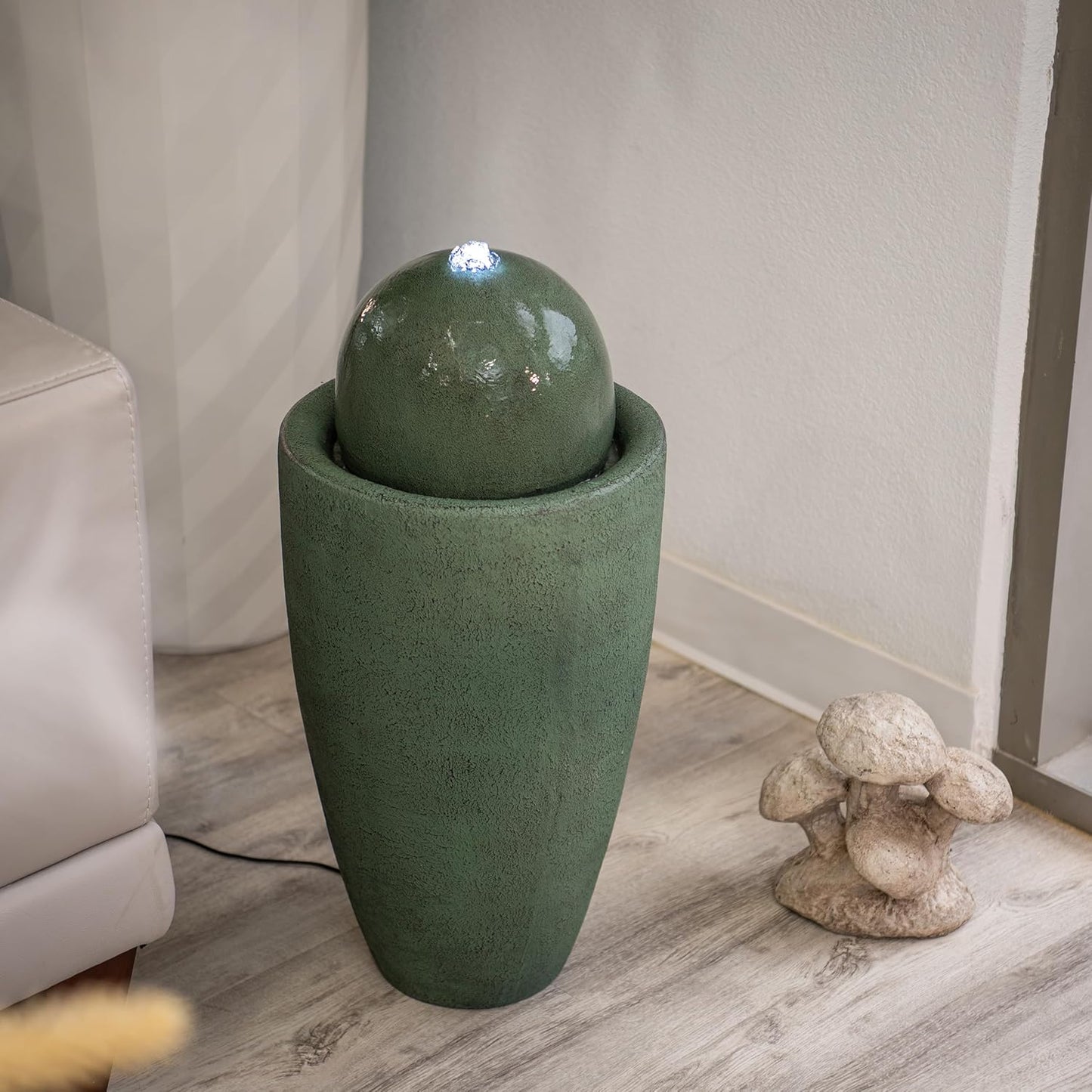 XBrand 25.98" H Green Round Stone Indoor/Outdoor Modern Sphere Water Fountain w/LED Lights – Ball Bubbling Fountain Décor for Garden, Patio, or Tabletop