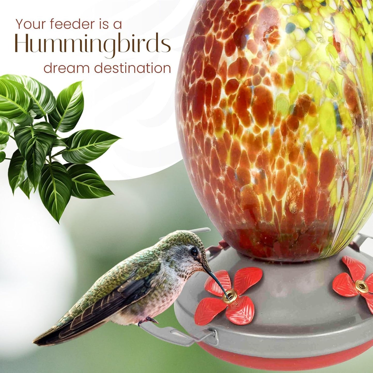 Nature Gear Hummingbird Feeder, Hanging-Mount Glass Hummingbird Feeders for Outdoors, Hand-Blown Glass Feeder with Ant Moat for Garden Hummingbirds, Easy to Clean & Rust Resistant, Volcano Red