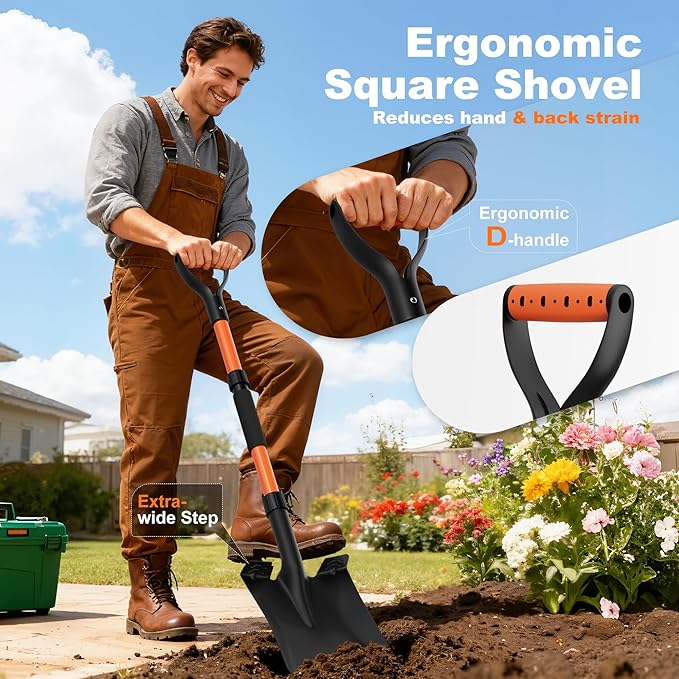 Snow Shovel, Heavy Duty 42'' Square Spade with Ergonomic D-Grip Handle, Extra-Wide Step & Fiberglass Shaft – Compact Winter Tool for Snow Removal, Car Emergency, Driveway & Sidewalk (Bright Orange)