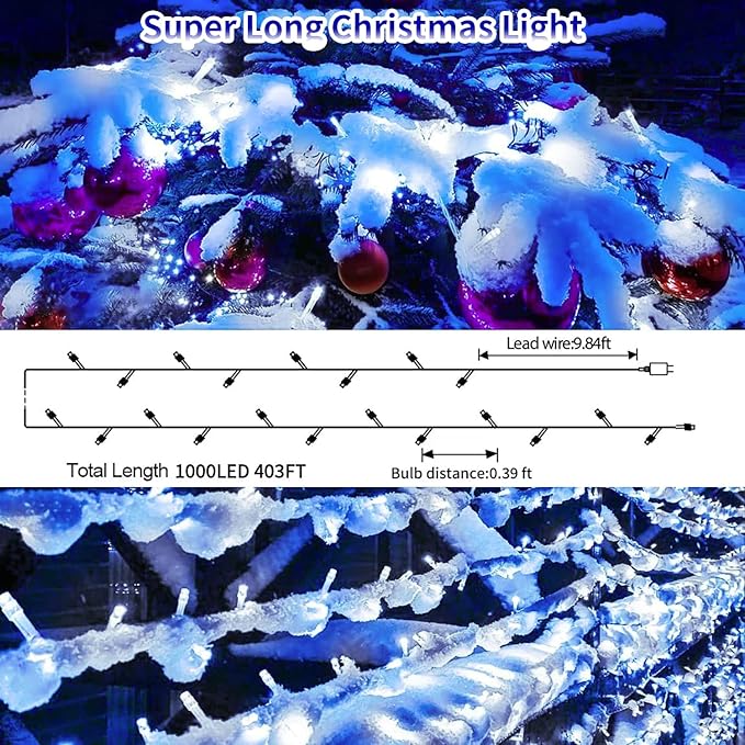 403 FT 1000 LED Christmas Lights Outdoor Decorations Super Long Fairy Lights Waterproof 8 Modes Timer Clear Wire String Lights for Outside House Tree Patio Yard Wedding Party Holiday-Blue&White