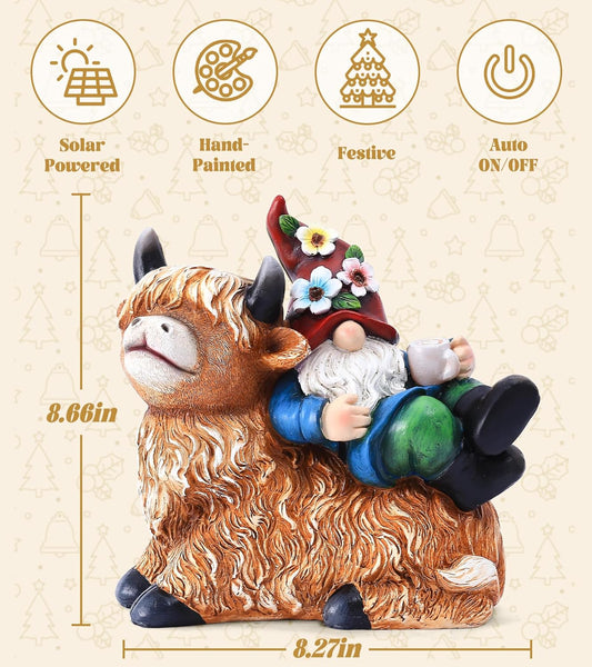 Garden Gnomes Decor Outdoor Statues Gnome on Highland Cow Hold Solar Cup Light Outdoor Decorations for Patio,Yard and Gift for Mom