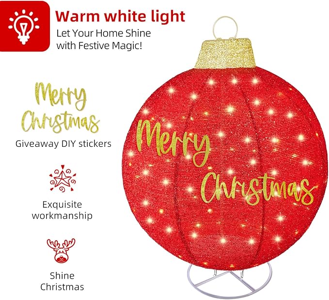 HOYECHI 2pc Lighted Pop-Up Outdoor Christmas Ornament Set – Holiday Ball Decorations with 200 LED Lights, 8 Lighting Modes, for Yard & Outdoor Christmas Decor - Red/Gold