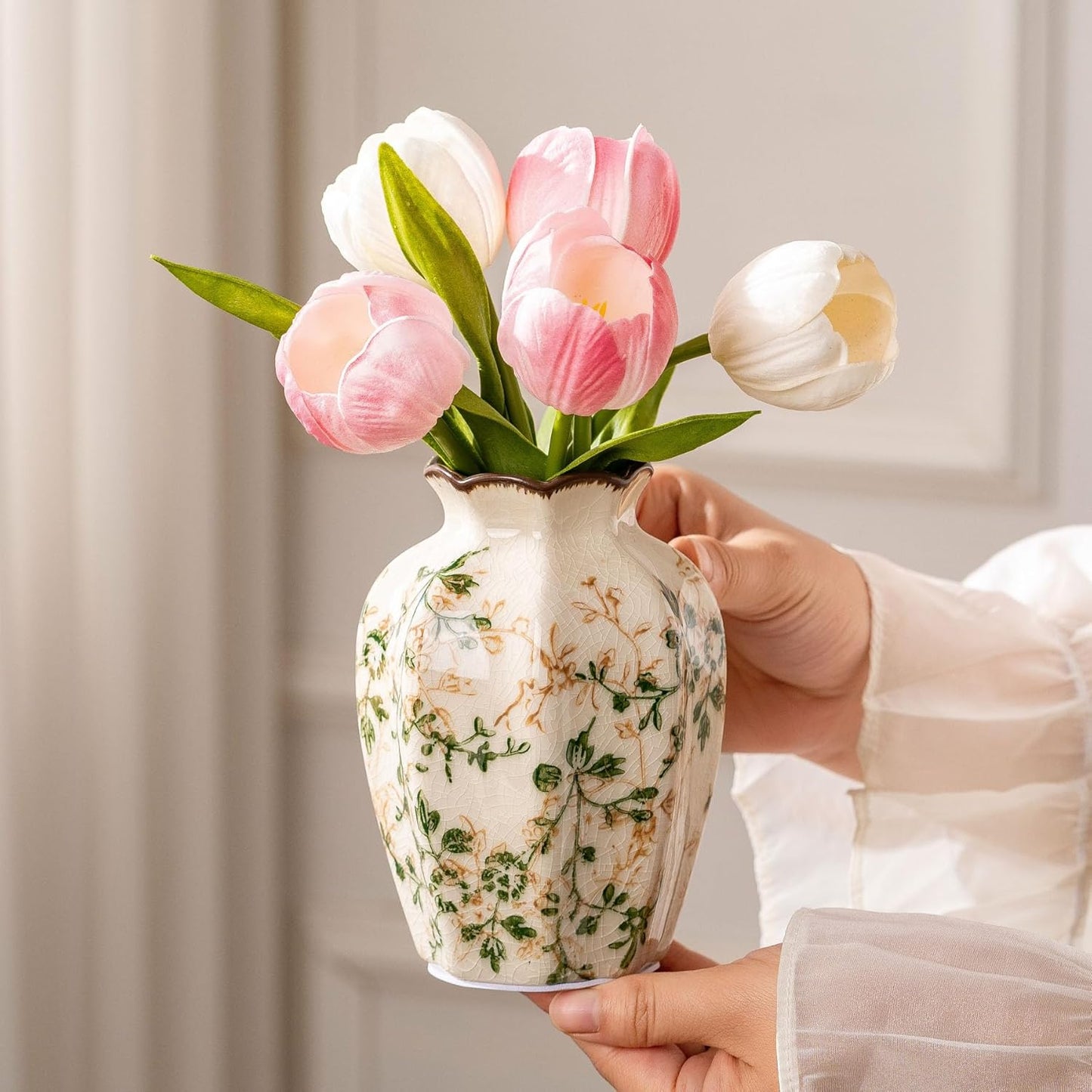 Ceramic Vases Set of 3, Green & Beige Chinoiserie Flower Pitcher Vase, Farmhouse Vintage Floral Vase Home Decor for Mantle, Fireplace, Kitchen Counter, Living Room Bookshelf Rustic Table Centerpiece