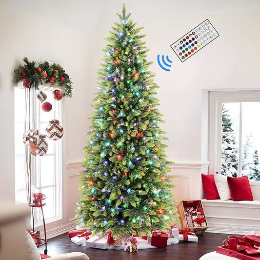 Alupssuc 7.5ft Prelit Artificial Hinged Christmas Tree with Remote Control, 360 Pre-Lit Multi-Color RGB Lights and 1959 PE & PVC Branch Tips, Perfect Choice for Xmas Decoration, 7.5 FT