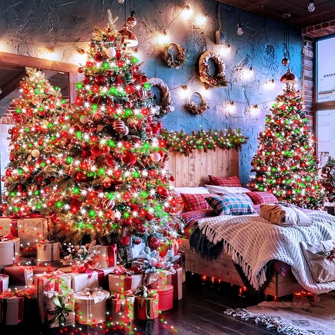 XURISEN 403FT 1000 LED Christmas Lights Outdoor Green Wire String Lights 8 Modes with Timer Memory Waterproof Fairy Light Plug in for Xmas Tree Wedding Yard Party Holiday Decorations(Red+Green+White)