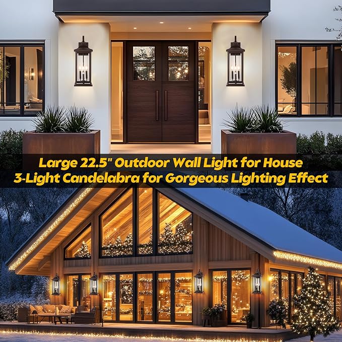 23” Extra Large 3-Light Oil Rubbed Bronze Outdoor Light Fixtures 2 Pack, IP65 Waterproof Vintage Outside Lights for House Brown Front Porch Light Lanterns Exterior Coach Lights, E12
