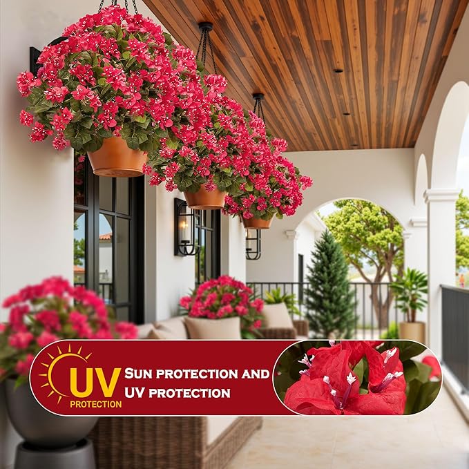 4 Pcs Artificial Flowers Bougainvillea Outdoor Artificial Plants Faux Flowers with Stems Silk Flowers for Wedding Porch Living Garden Decor(4PCS,Rose Red)