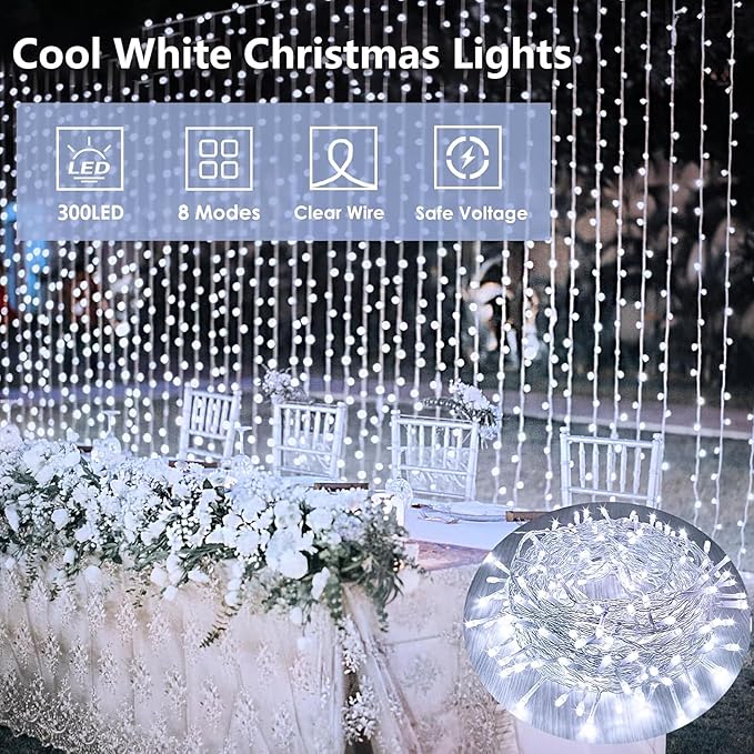 Extra-Long String Lights Outdoor Indoor, 300 LED Super Bright Christmas Lights Clear Wire, Waterproof 13 Modes Plug in Twinkle Fairy Light for Bedroom Party Wedding Garden Christmas (Cool White)