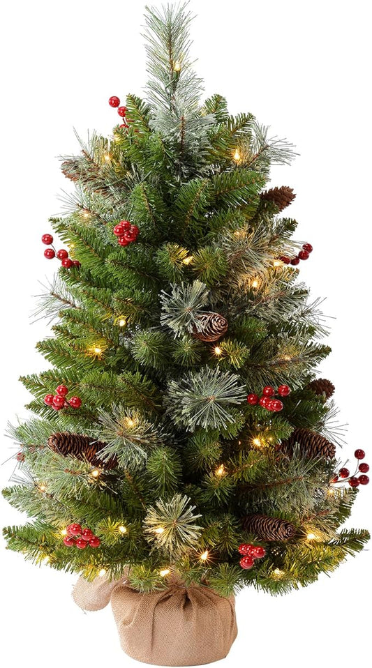 3ft Pre-Lit Artificial Christmas Tree with 70 LED Lights Mini Xmas Trees, Cement Burlap Base Basin, for Home Tabletop, Green