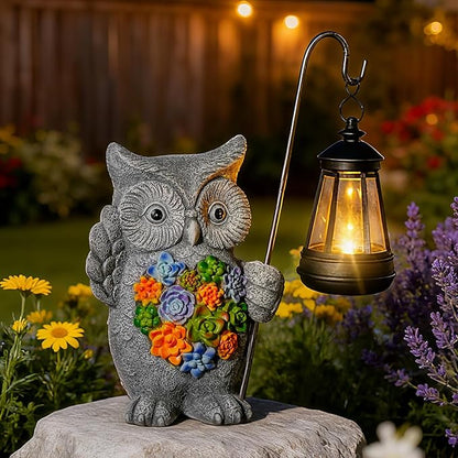 Solar Owl Garden Statue with Succulent Decor & Hanging Lantern – Outdoor Resin Decor for Patio, Yard, Balcony – Unique Gift for Women, Gardeners