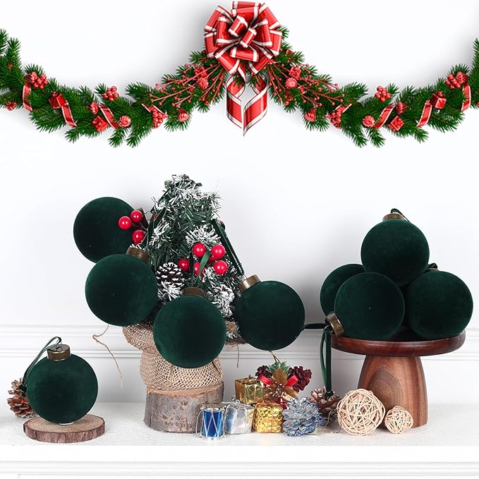 6 Pcs Velvet Christmas Balls Bulk Shatterproof Plastic Christmas Tree Decorations for Decorative Hanging Baubles (6, Blackish Green, 3.94Inch)