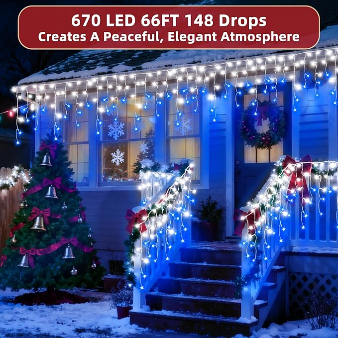 670 LED 66ft Christmas Lights with 148 Drops, 12 Lighting Modes Blue & White Christmas Decoration Twinkling Lights Dimmable, Timer Outdoor Waterproof Fairy Lights for Indoor Garden House Eaves Roof