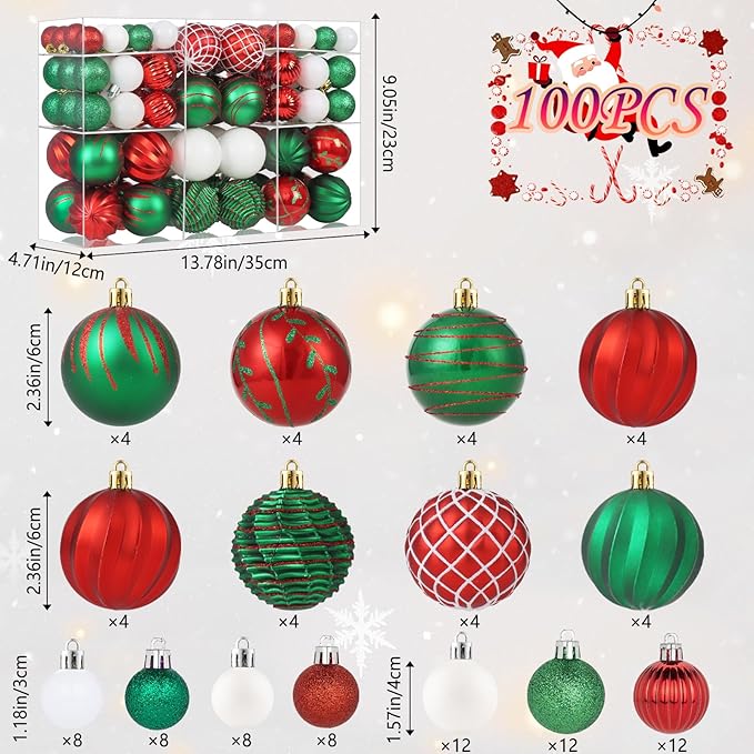 100PCS Red Green White Christmas Ornaments Set, Shatterproof Christmas Ball Ornaments Bulk, Assorted Decorations Baubles Hanging Ornaments for Christmas Trees Holiday Party Decor (Red & Green & White)