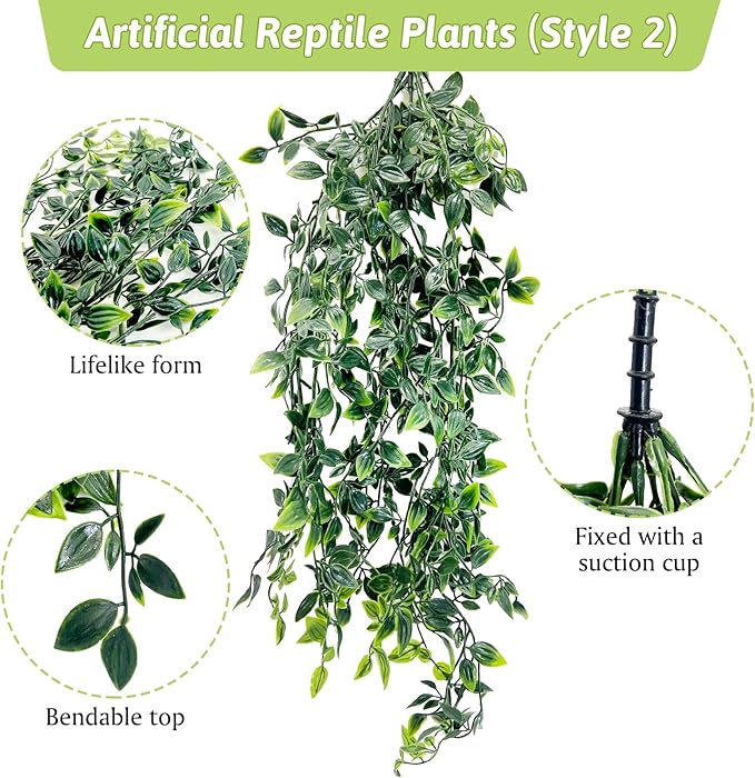 Hamiledyi 5 Pcs Reptile Plants Terrarium Hanging Fake Plant Leaves, Bearded Dragon Tank Accessories, Habitat Decor for Snake Leopard Gecko Lizard Chameleon Spider Turtle (Style 2)
