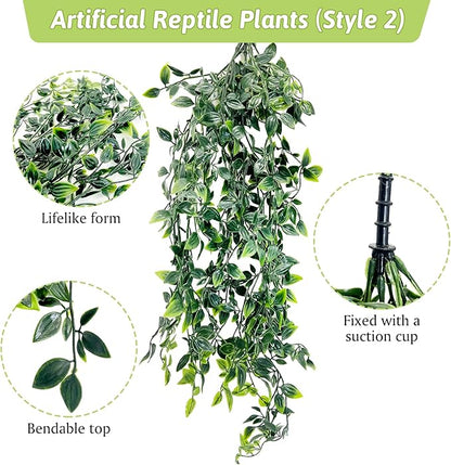 Hamiledyi 5 Pcs Reptile Plants Terrarium Hanging Fake Plant Leaves, Bearded Dragon Tank Accessories, Habitat Decor for Snake Leopard Gecko Lizard Chameleon Spider Turtle (Style 2)