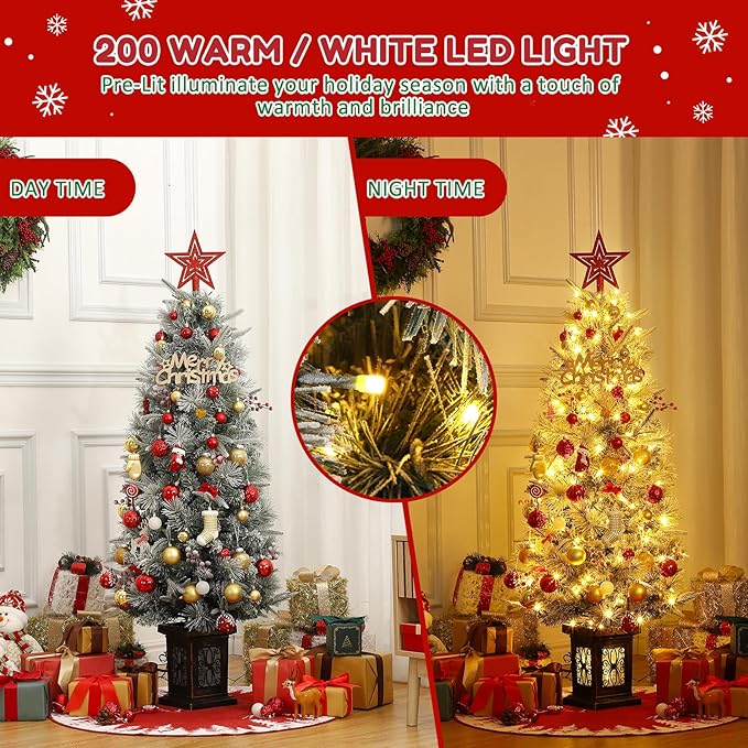 GarveeHome 4.5 ft Pre-Lit Flocked Artificial Christmas Tree with Pine Cones, Artificial Xmas Tree w/ 386 Branch Tips & 200 Lights, Antique Urn Base for Home, Party Decoration,1 PCS
